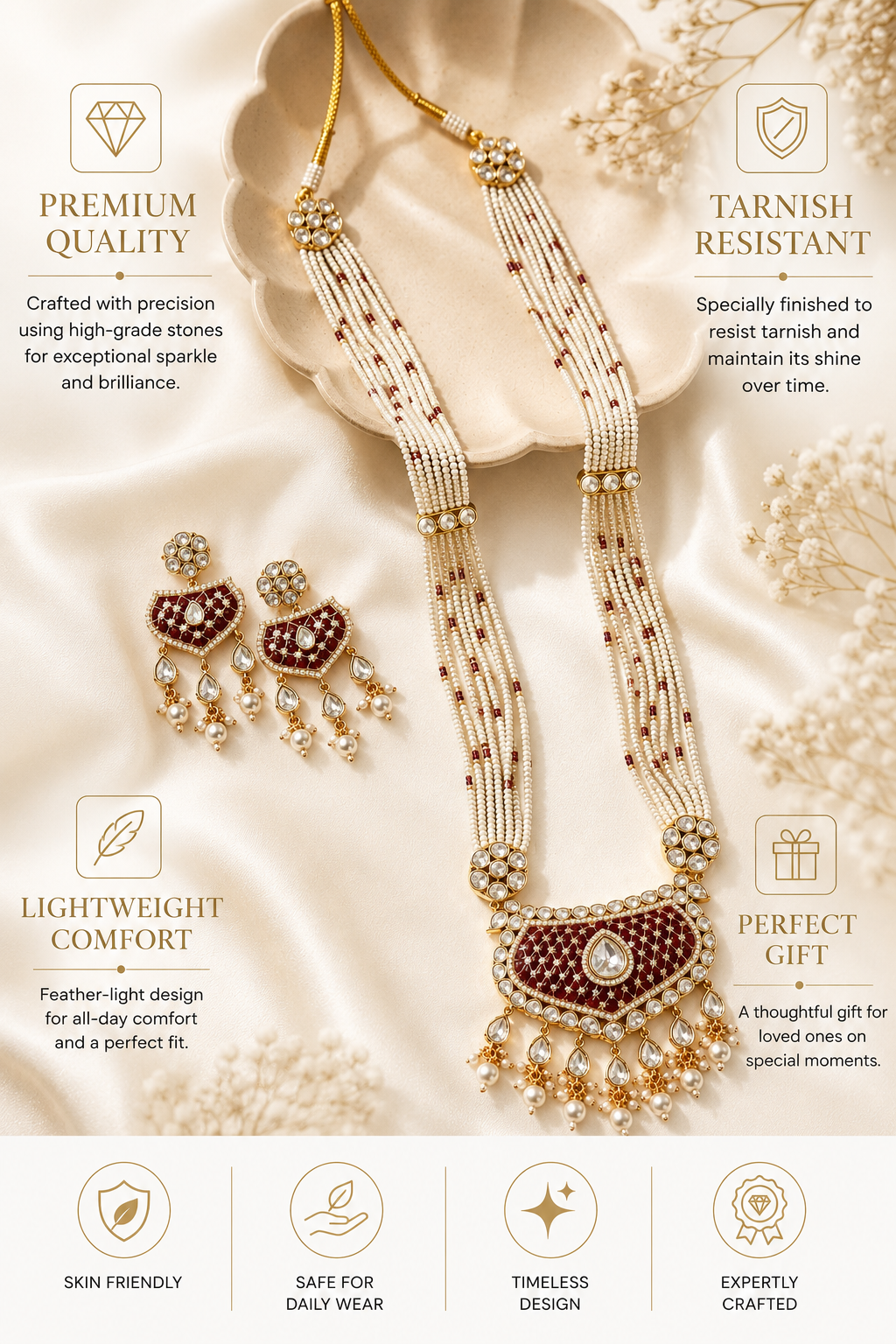 Traditional Pearl Mala Necklace Set with Ruby Kundan Pendant | Bridal Long Haram Jewellery | Abdesigns Jewellery