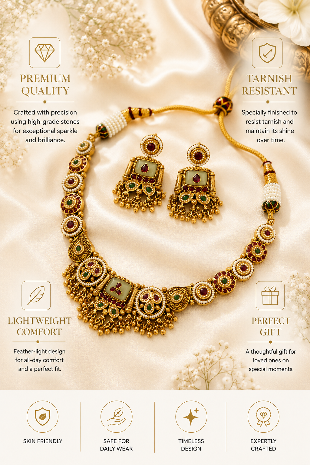 Green Kundan Necklace Set in Gold Plating – Bridal | Abdesigns
