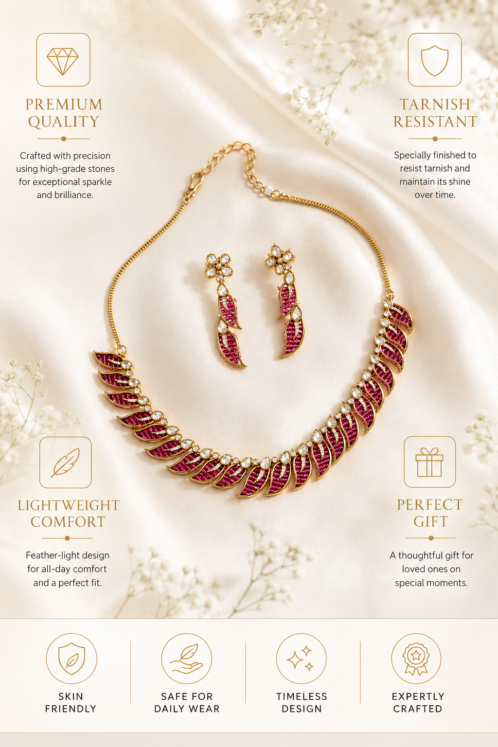 Victorian Gold Plated Pink Leaf Necklace Set with Earrings | Abdesigns