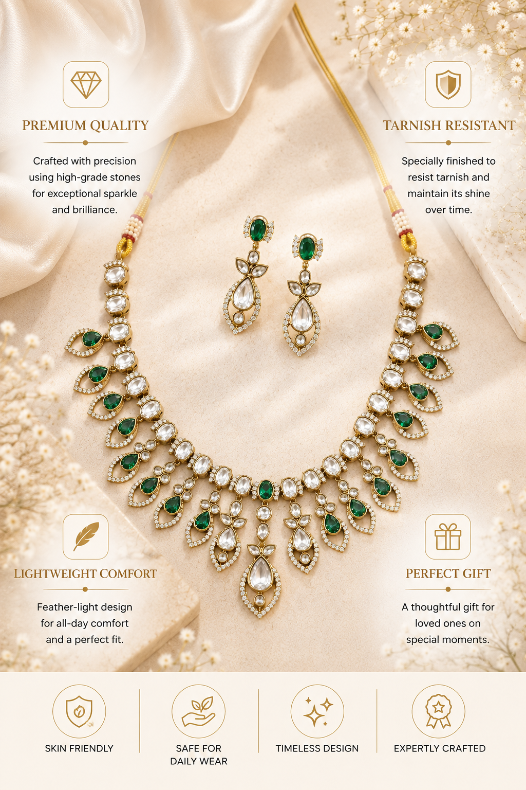 Green Kundan Necklace Set in Gold Plating – Bridal | Abdesigns