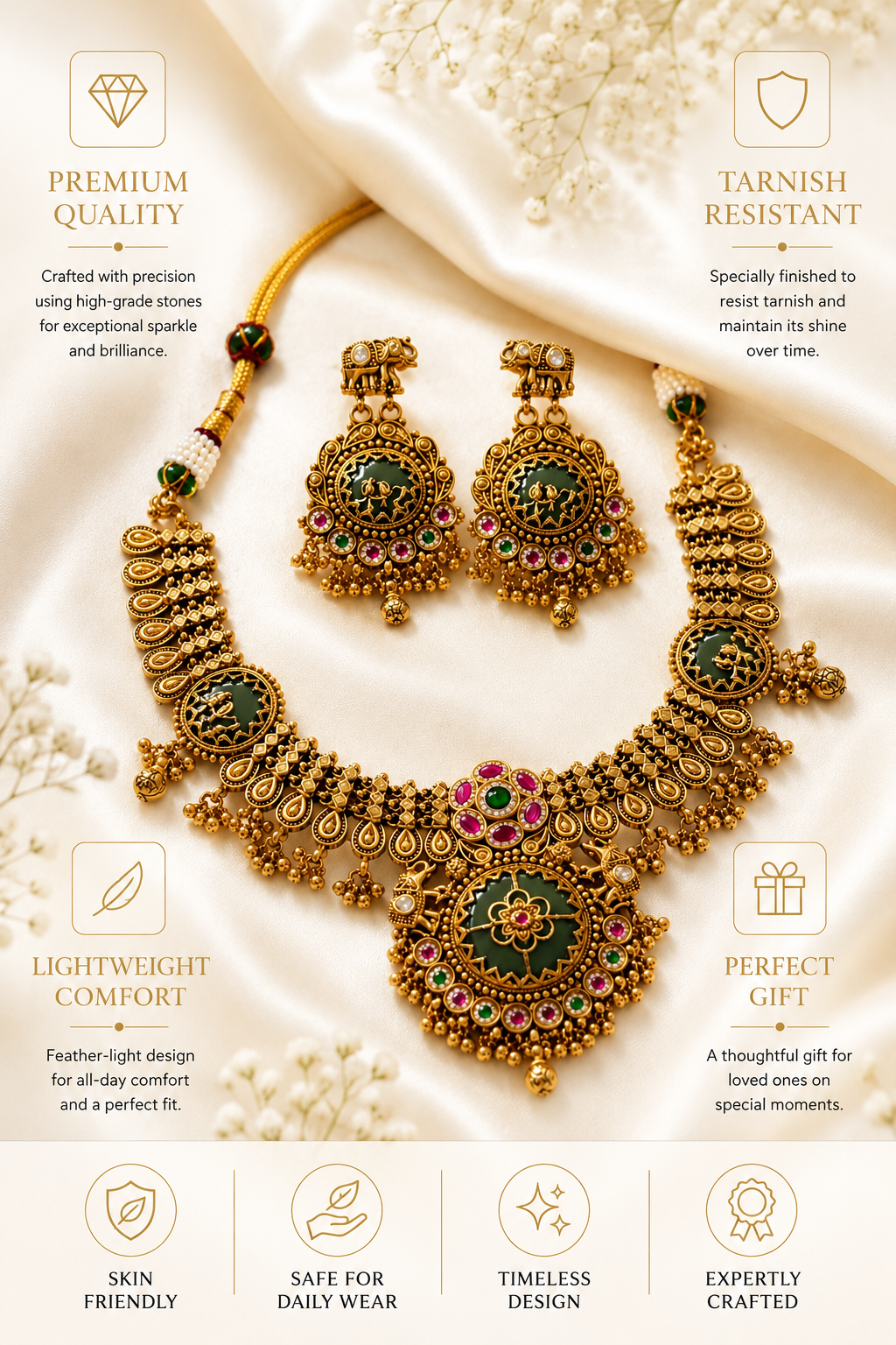 Temple Necklace Set in Gold Plating – Bridal | Abdesigns