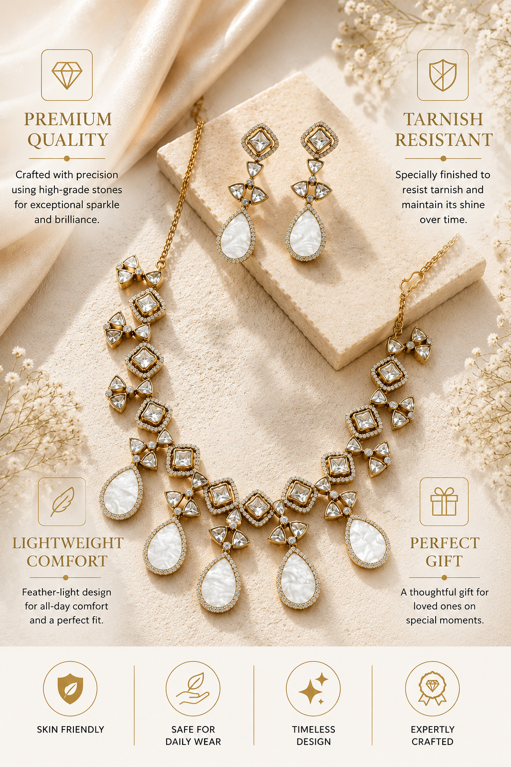 Victorian Gold Plated Mother of Pearl Necklace Set with Earrings