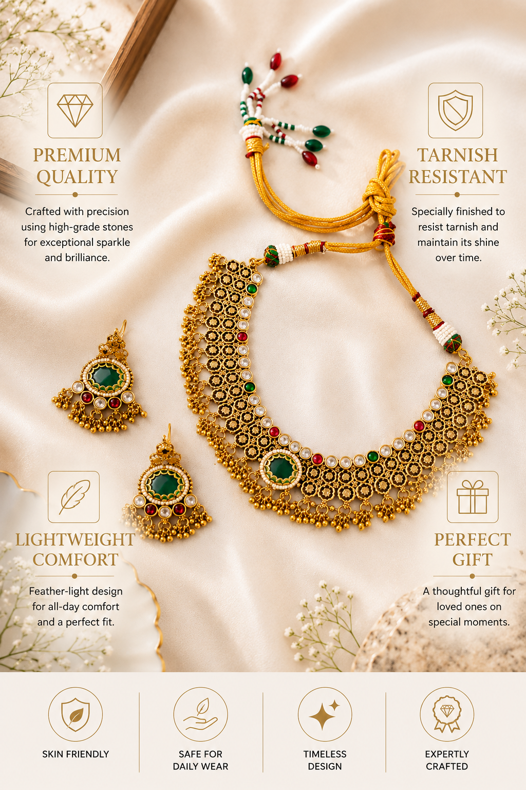 Green Stone Choker Necklace Set in Gold Plating – Bridal | Abdesigns