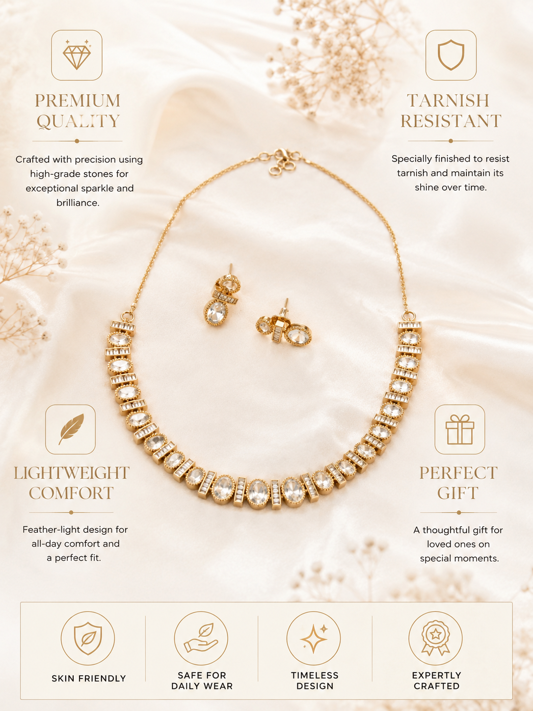 Gold Plated Minimal Polki CZ Necklace Set | Abdesigns