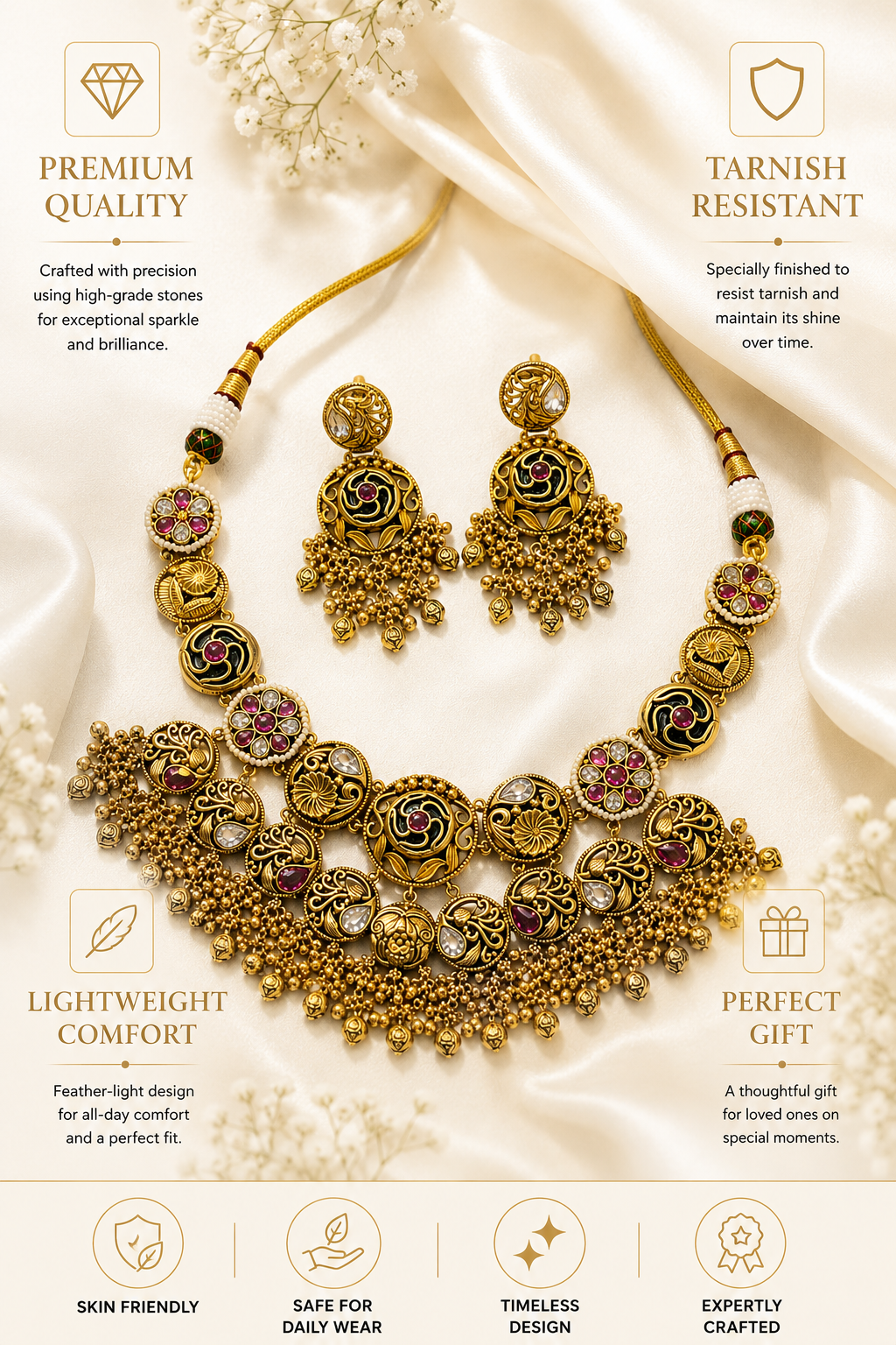 Antique Floral Temple Necklace Set | Abdesigns