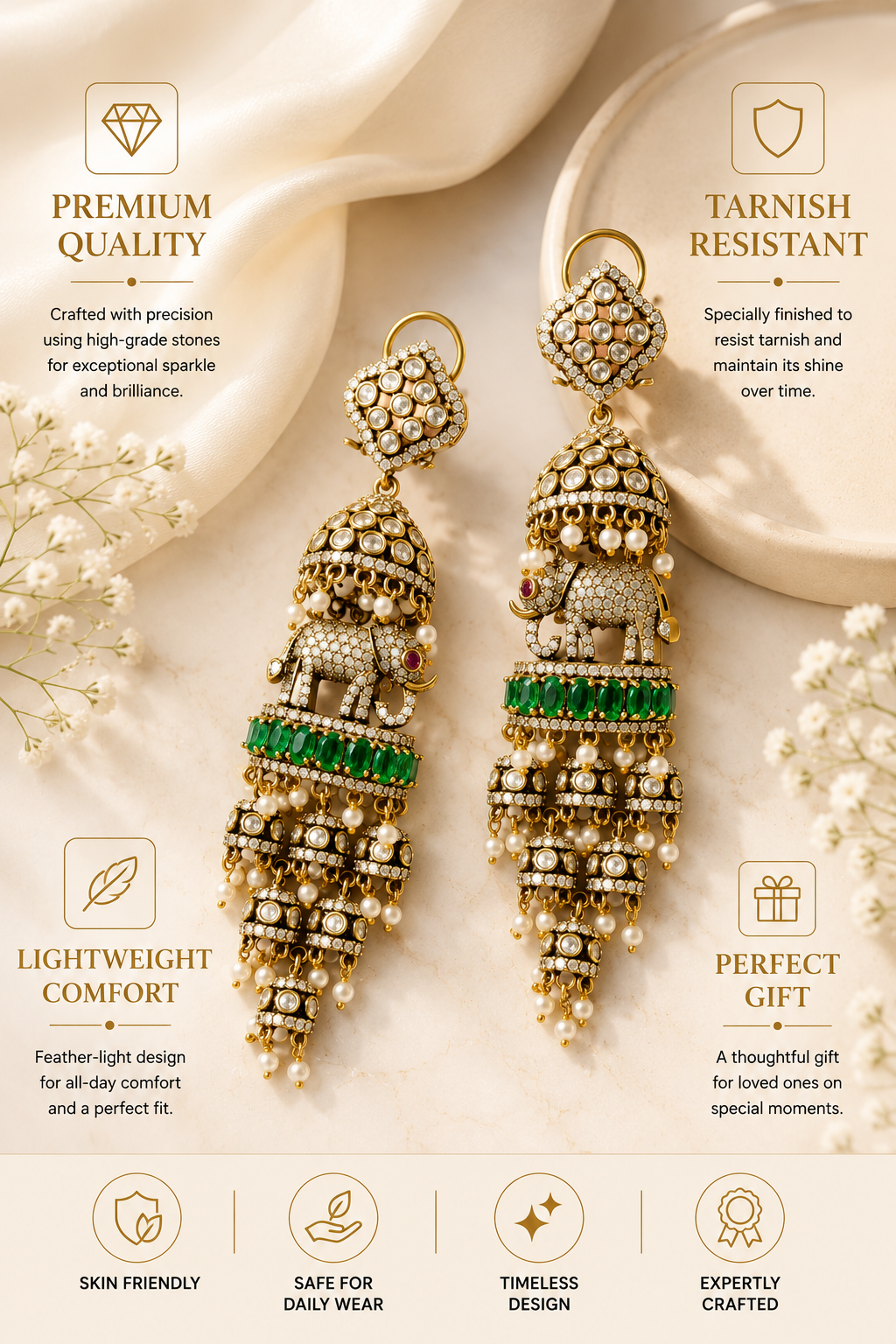 Elephant Pearl Green Jhumka Earrings | Abdesigns