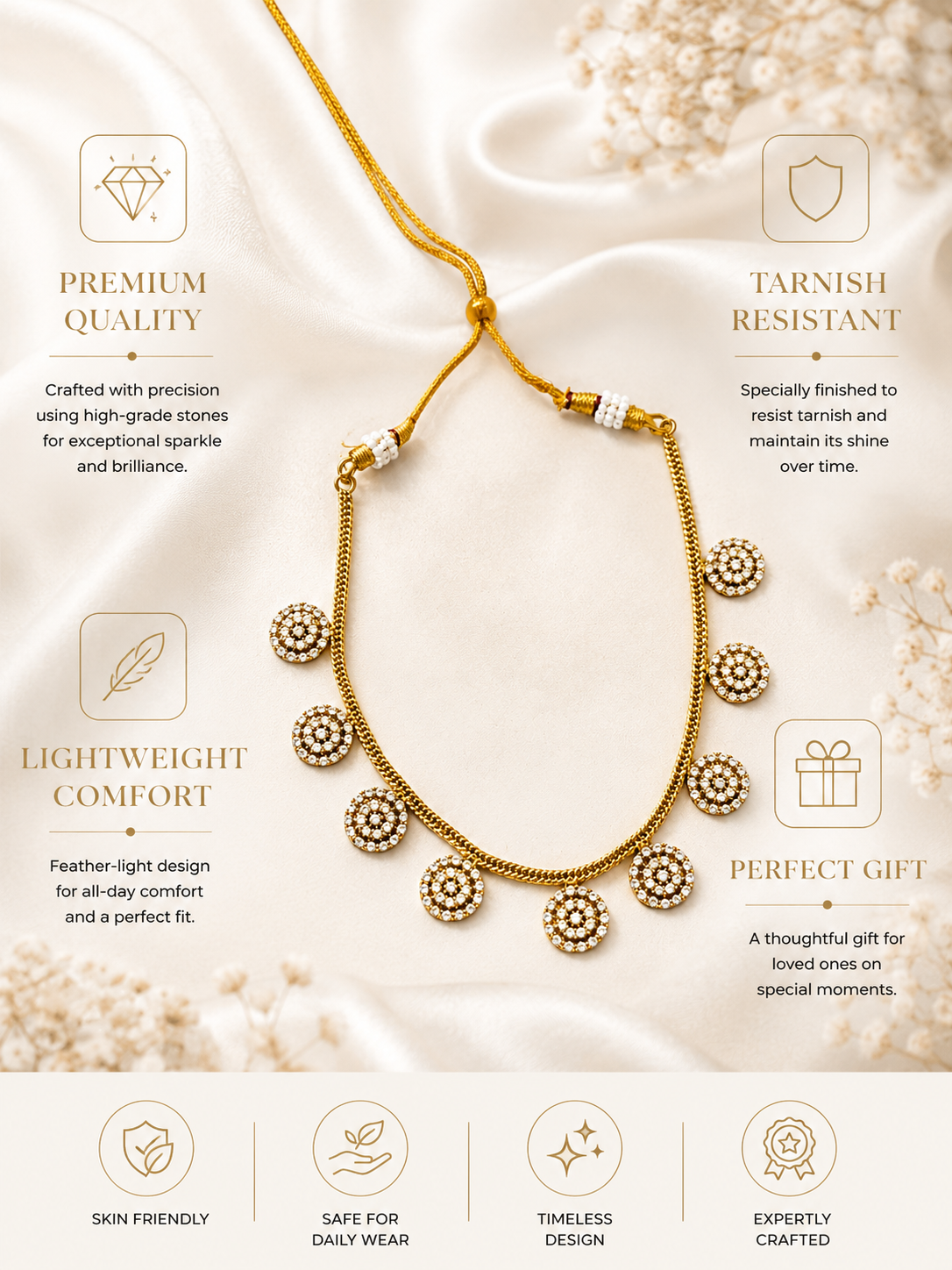 Round Diamond CZ Necklace Set in Gold Plating – Party Wear | Abdesigns