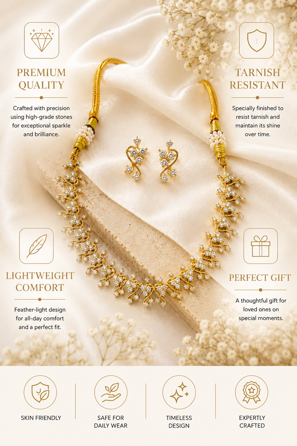 Gold Plating Solitaire American Diamond Necklace Set | Abdesigns