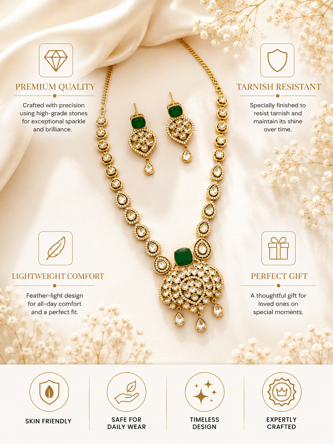 Green Kundan Pendant Necklace Set in Gold Plating | Abdesigns