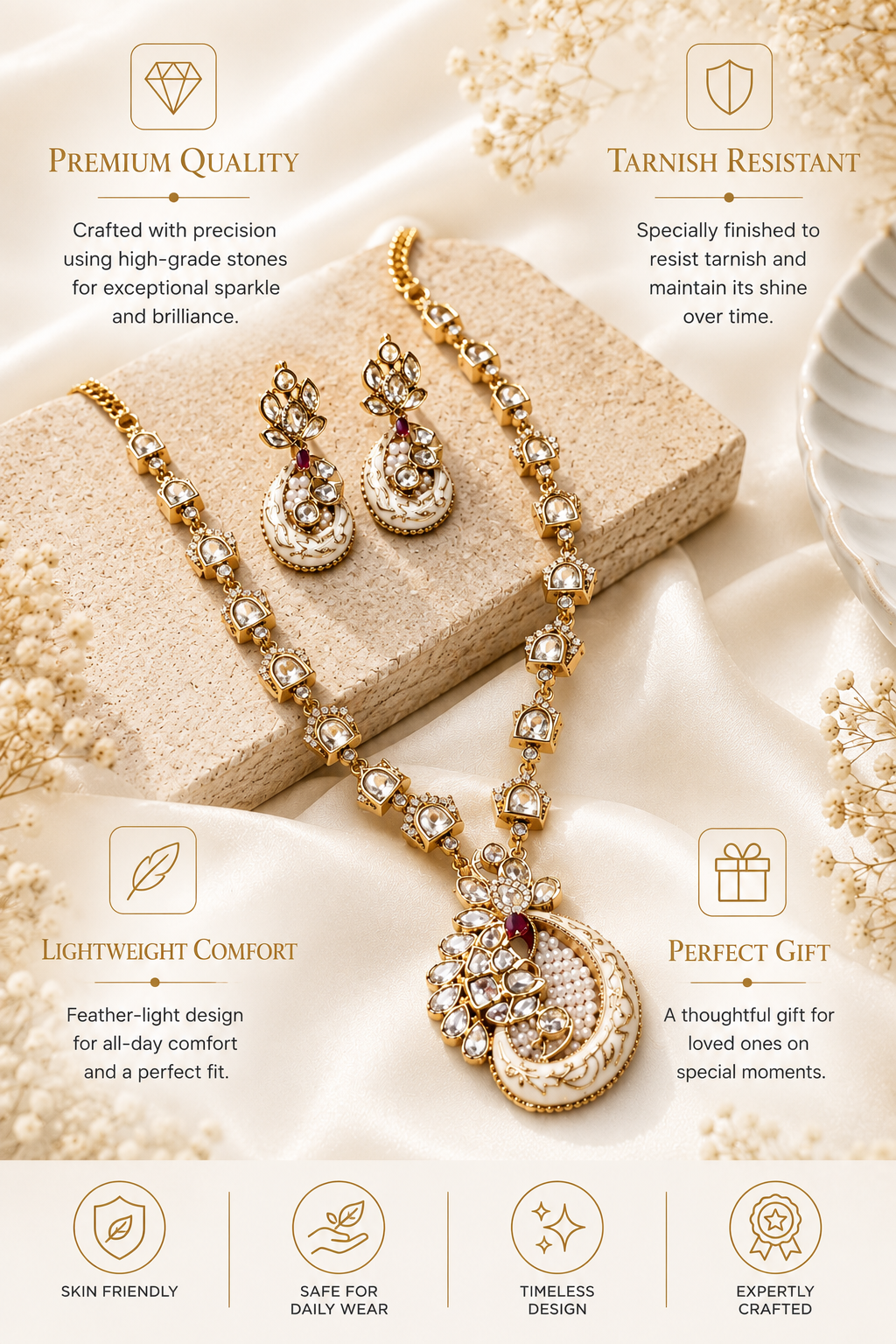 White Kundan Pendant Necklace Set in Gold Plating | Abdesigns