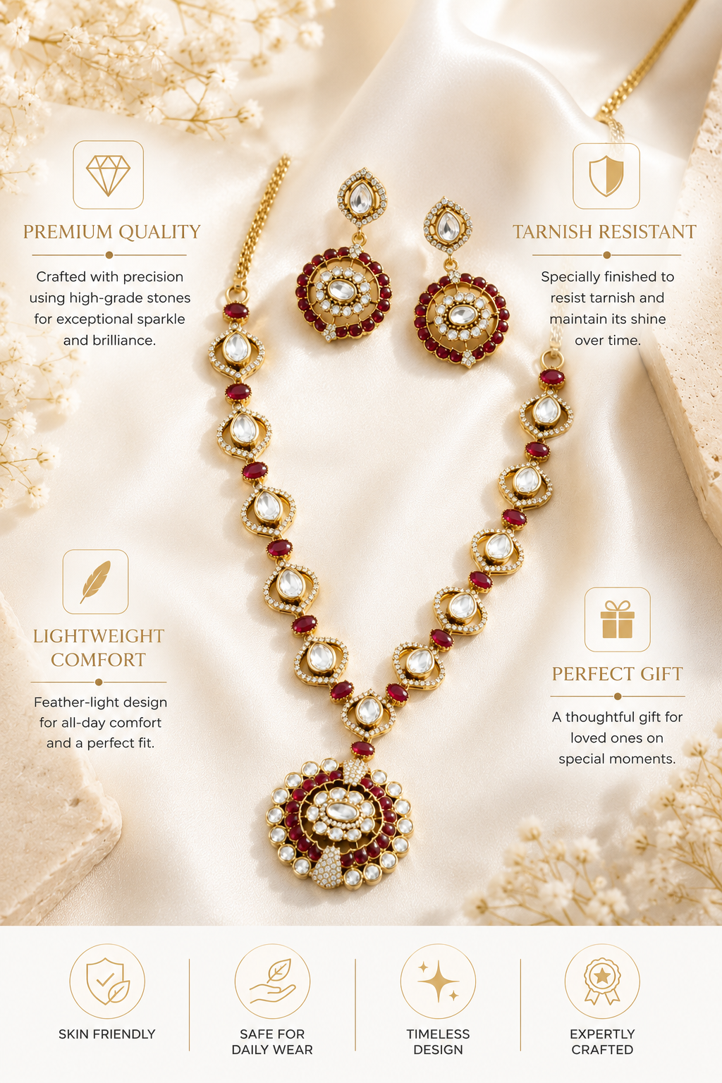 Ruby Kundan Pendant Necklace Set in Gold Plating | Abdesigns