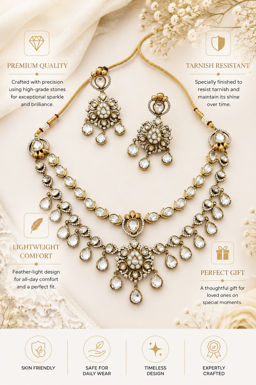 Victorian Polki Necklace Set in Gold Plating – Bridal | Abdesigns