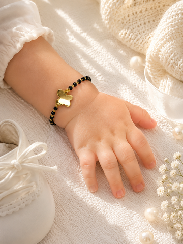 925 Sterling Silver Gold Plated Kids Black Bead Bracelet with Charms
