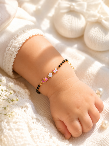 925 Sterling Silver Gold Plated Kids Black Bead Bracelet with Enamel Charms