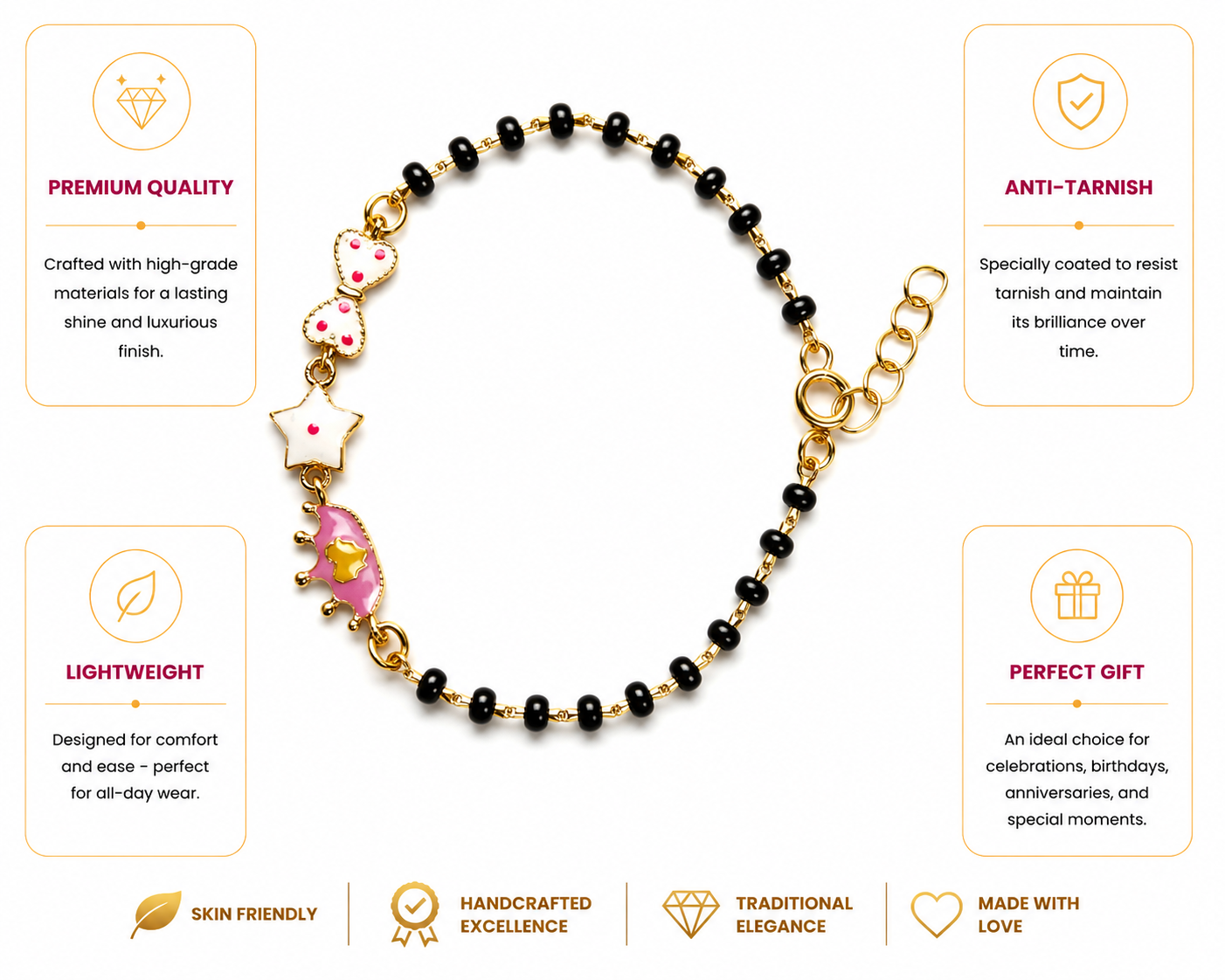 925 Sterling Silver Gold Plated Kids Black Bead Bracelet with Enamel Charms