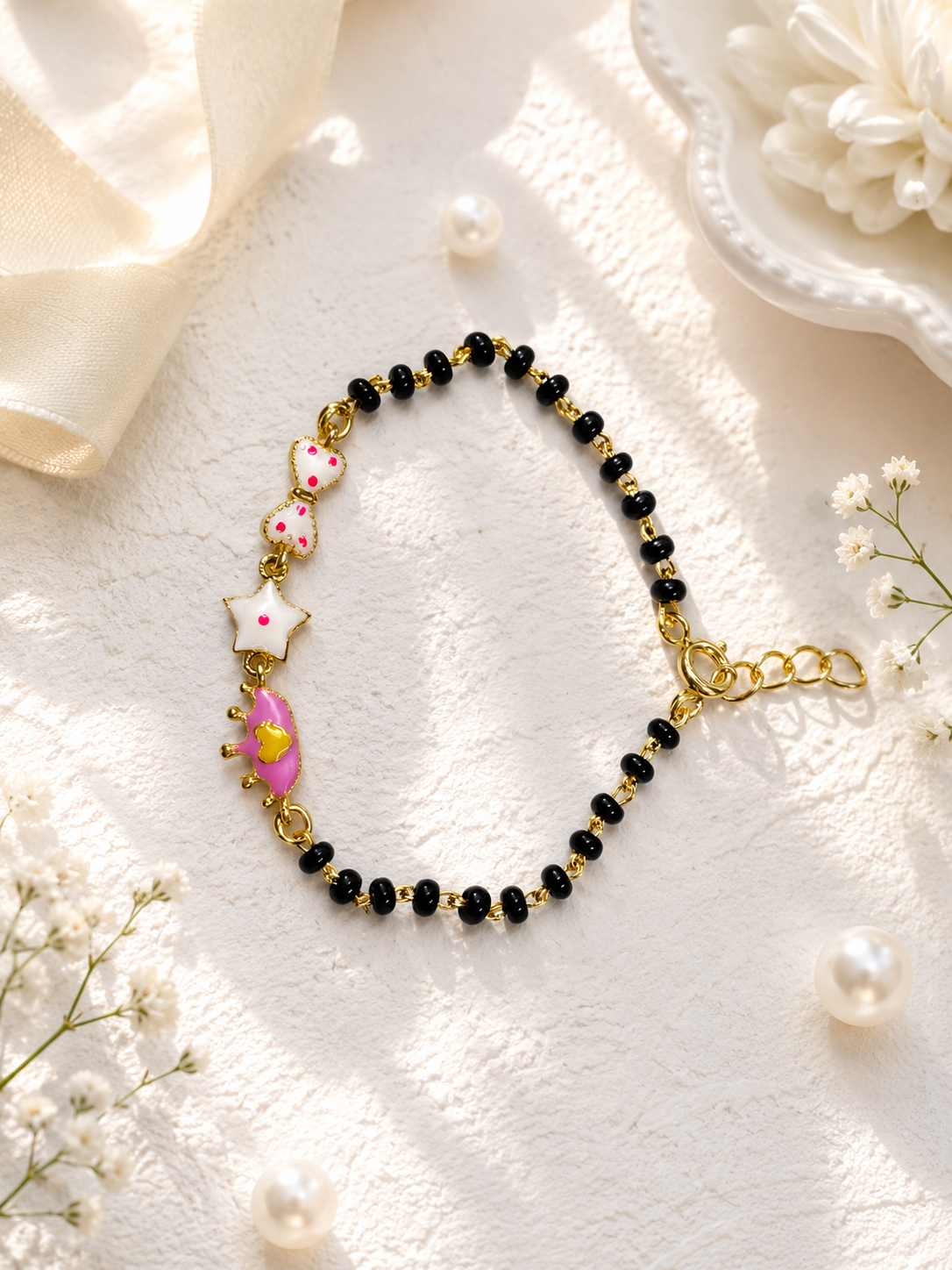 925 Sterling Silver Gold Plated Kids Black Bead Bracelet with Enamel Charms