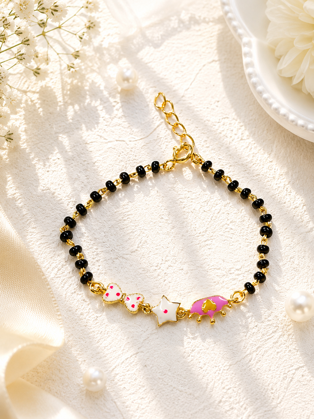 925 Sterling Silver Gold Plated Kids Black Bead Bracelet with Enamel Charms
