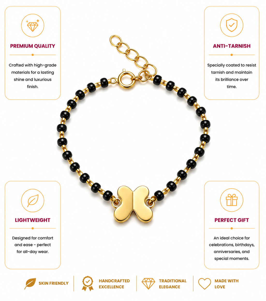 925 Sterling Silver Gold Plated Kids Black Bead Bracelet with Charms
