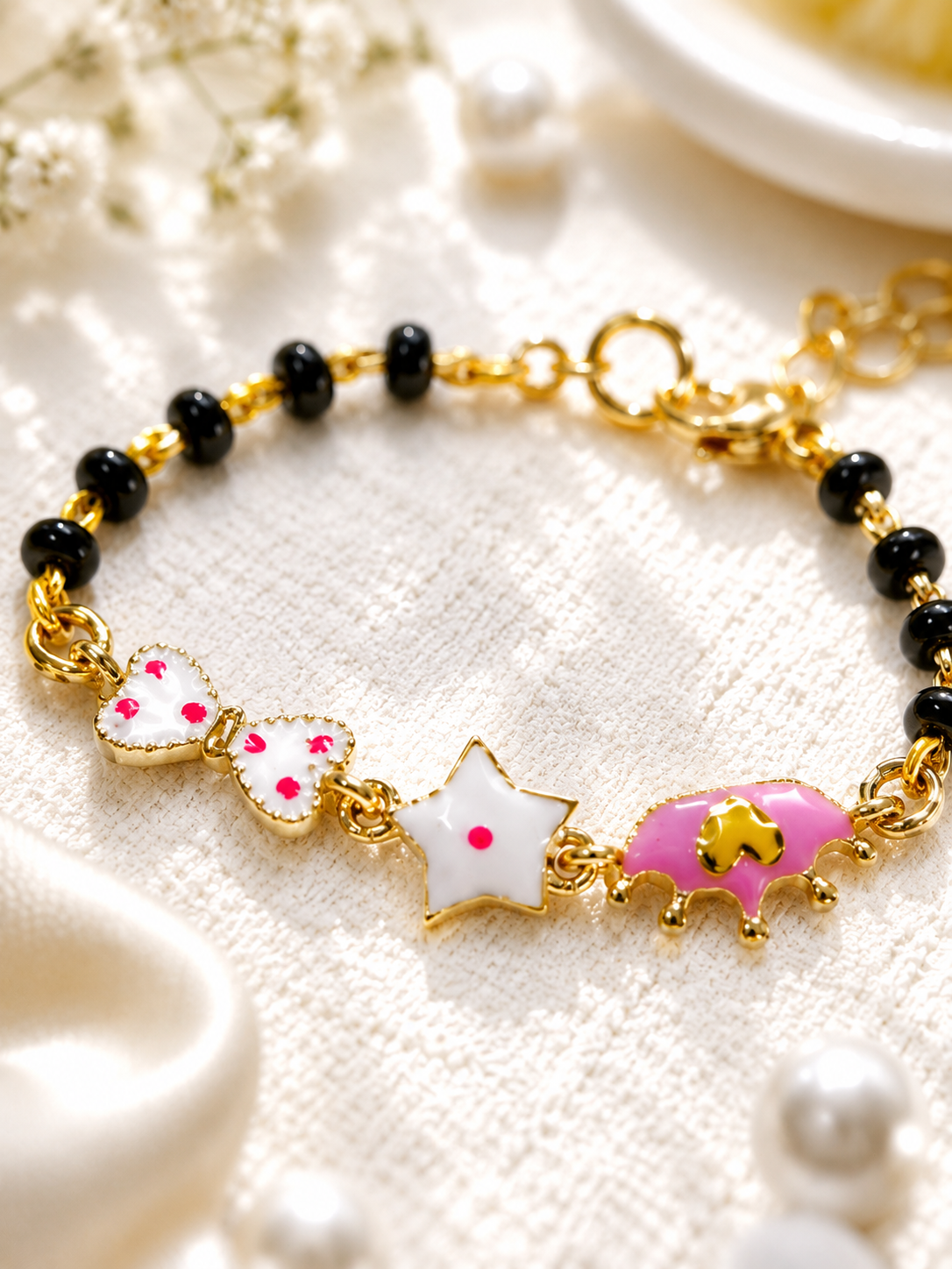 925 Sterling Silver Gold Plated Kids Black Bead Bracelet with Enamel Charms