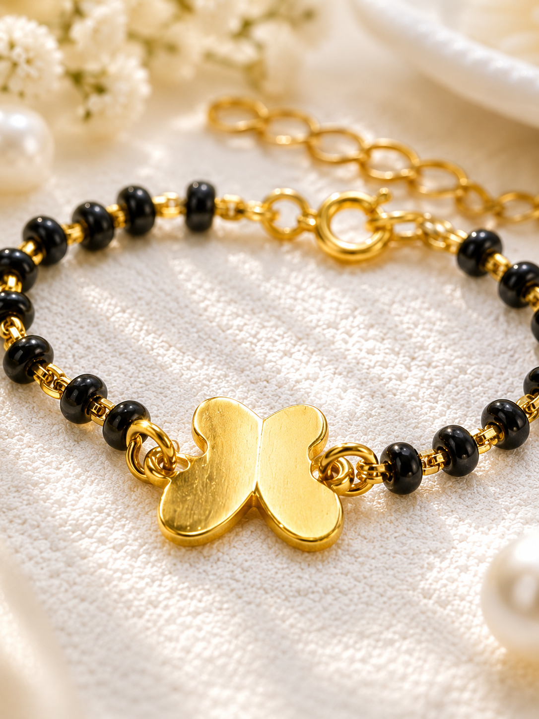 925 Sterling Silver Gold Plated Kids Black Bead Bracelet with Charms