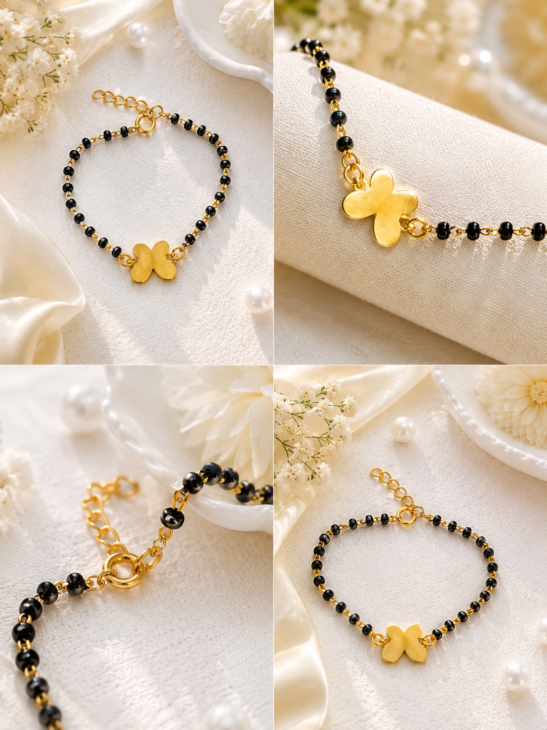 925 Sterling Silver Gold Plated Kids Black Bead Bracelet with Charms