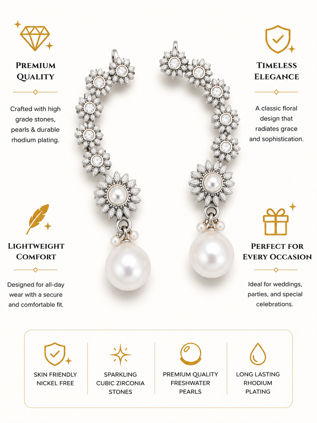 German Silver Floral Ear Cuff Earrings with Pearl Drops - earrings by Abdesigns Jewellery