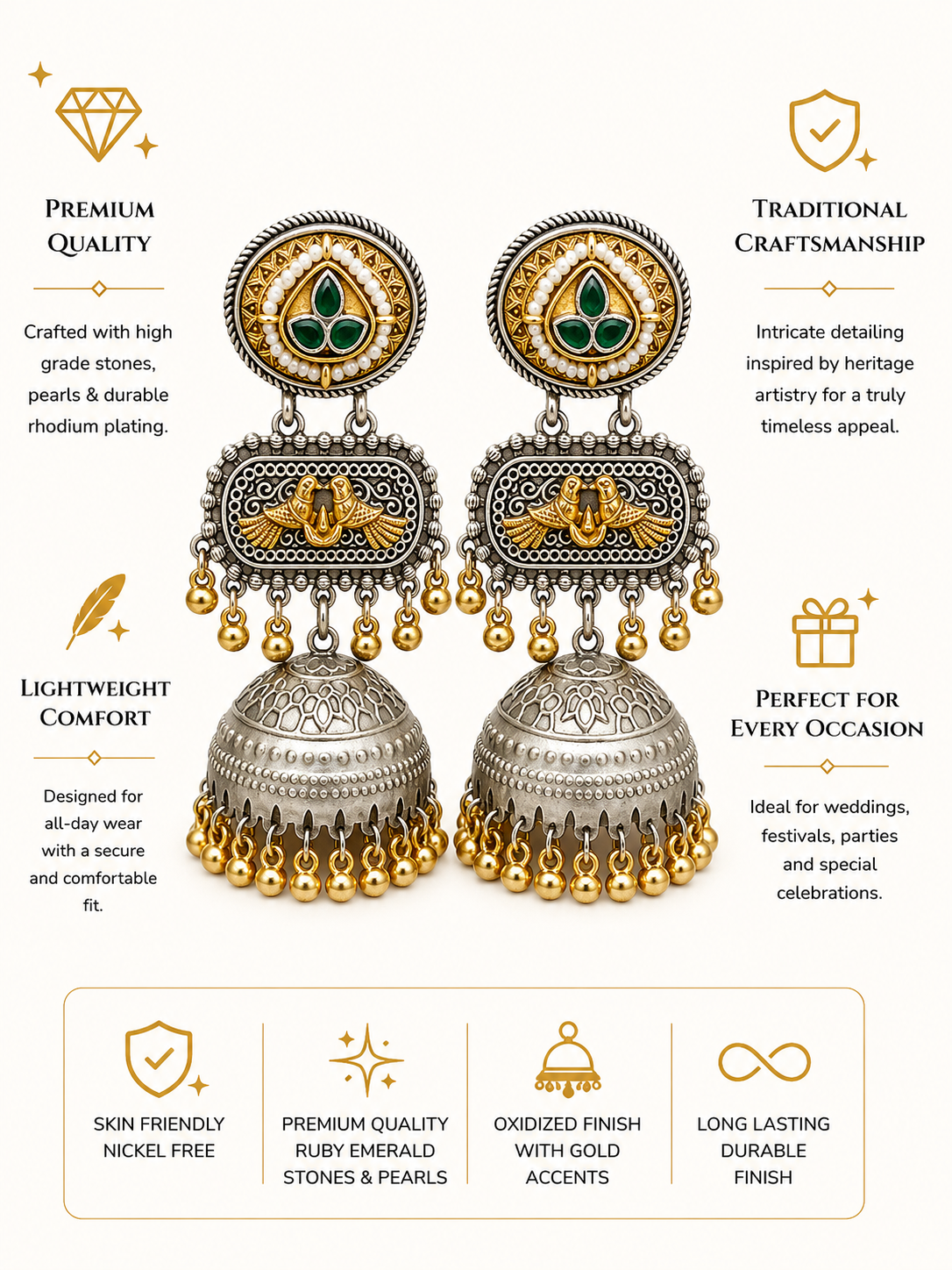 Dual Tone Antique Jhumka Earrings with Ghungroo Drops - earrings by Abdesigns Jewellery