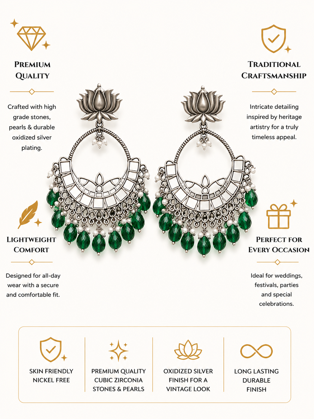 Lotus Motif Earrings in German Silver – Emerald Bead Elegance - earrings by Abdesigns Jewellery