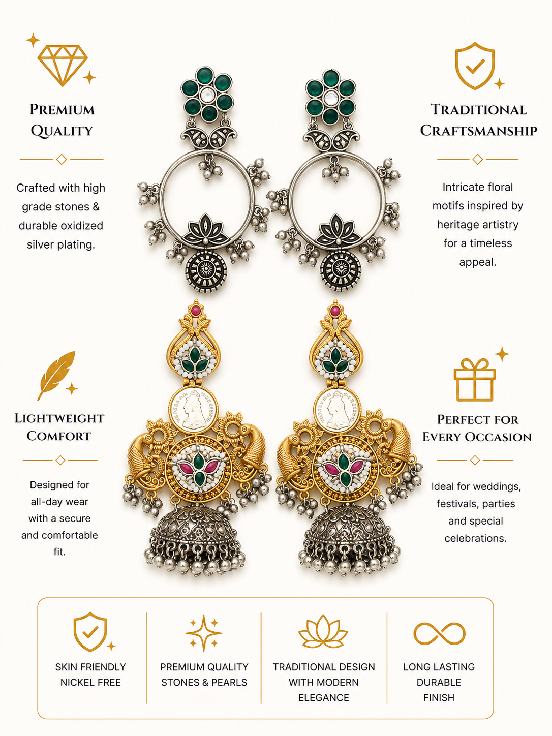 German Silver Earrings Combo – Oxidised Everyday Glam | Abdesigns