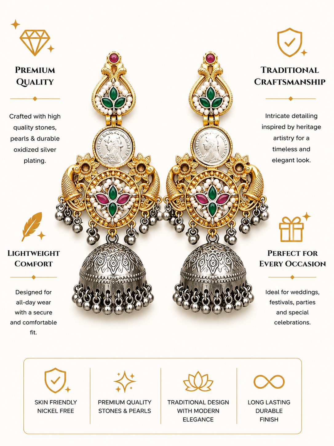 Antique Jhumka Earrings in Brass – Dual Tone Ghungroo Charm - earrings by Abdesigns Jewellery