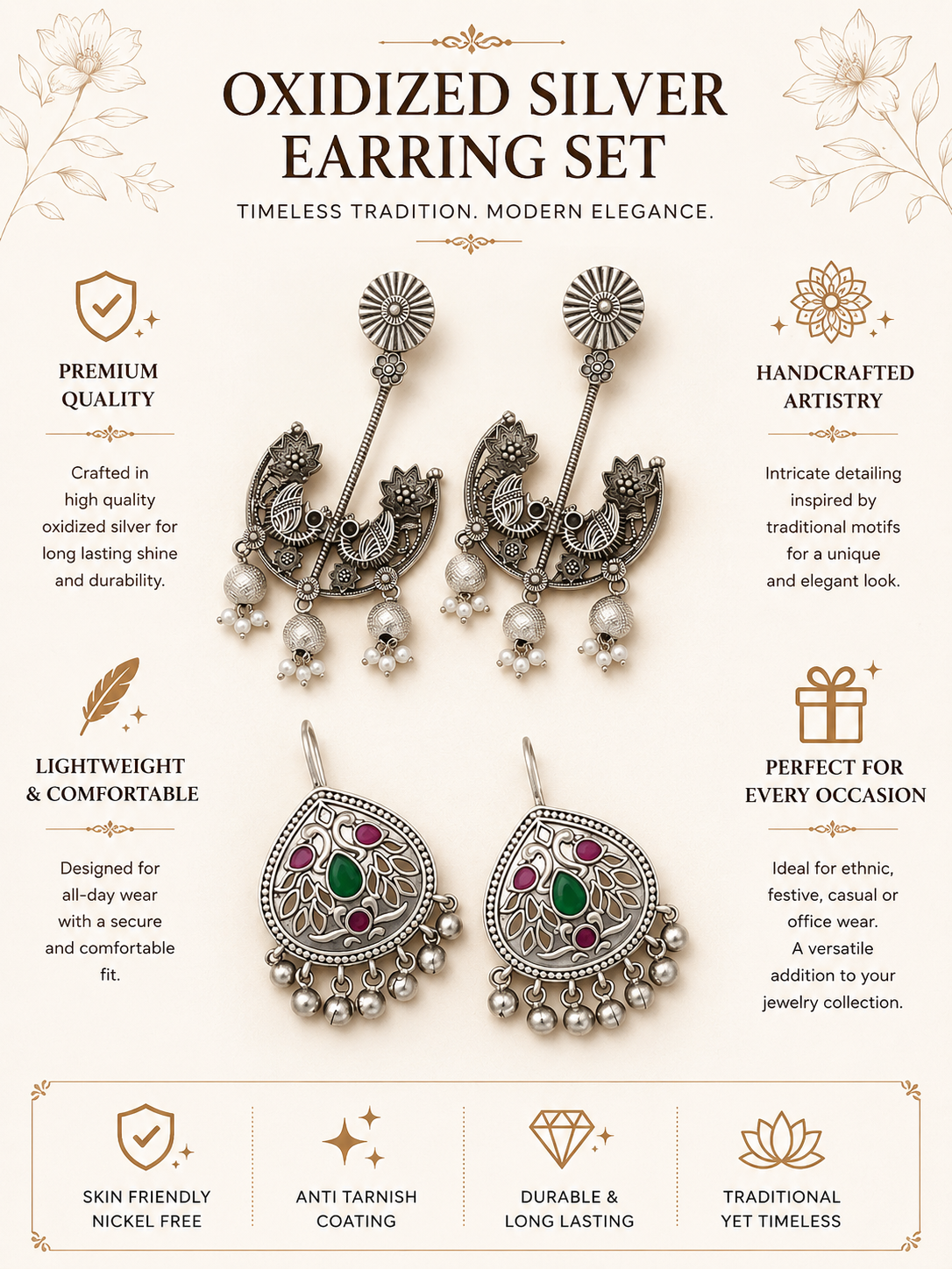 German Silver Earrings Combo – Oxidised Festive Style - earrings by Abdesigns Jewellery