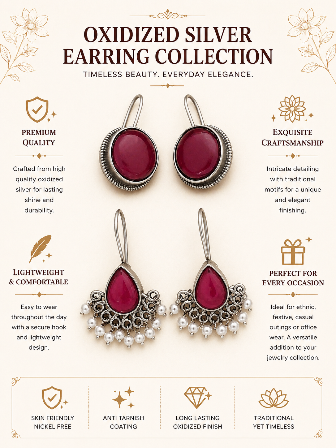 Red Stone Earrings Combo in German Silver – Oxidised Glam | Abdesigns
