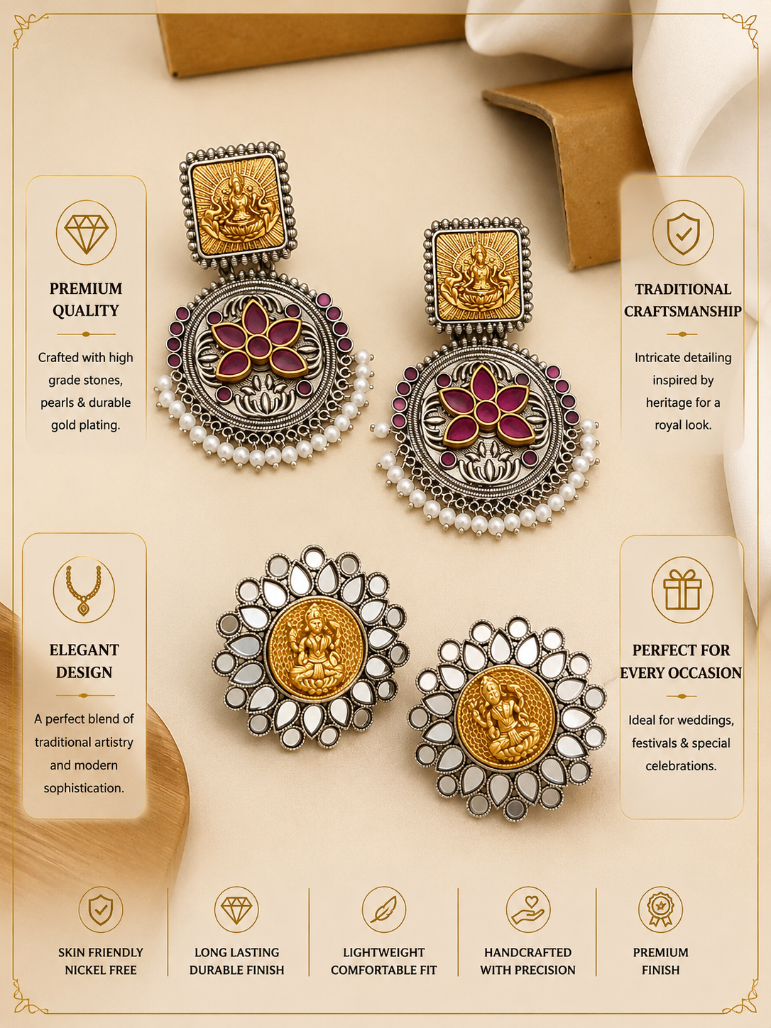 Goddess Lakshmi Earrings in Brass – Traditional Temple Elegance - earrings by Abdesigns Jewellery