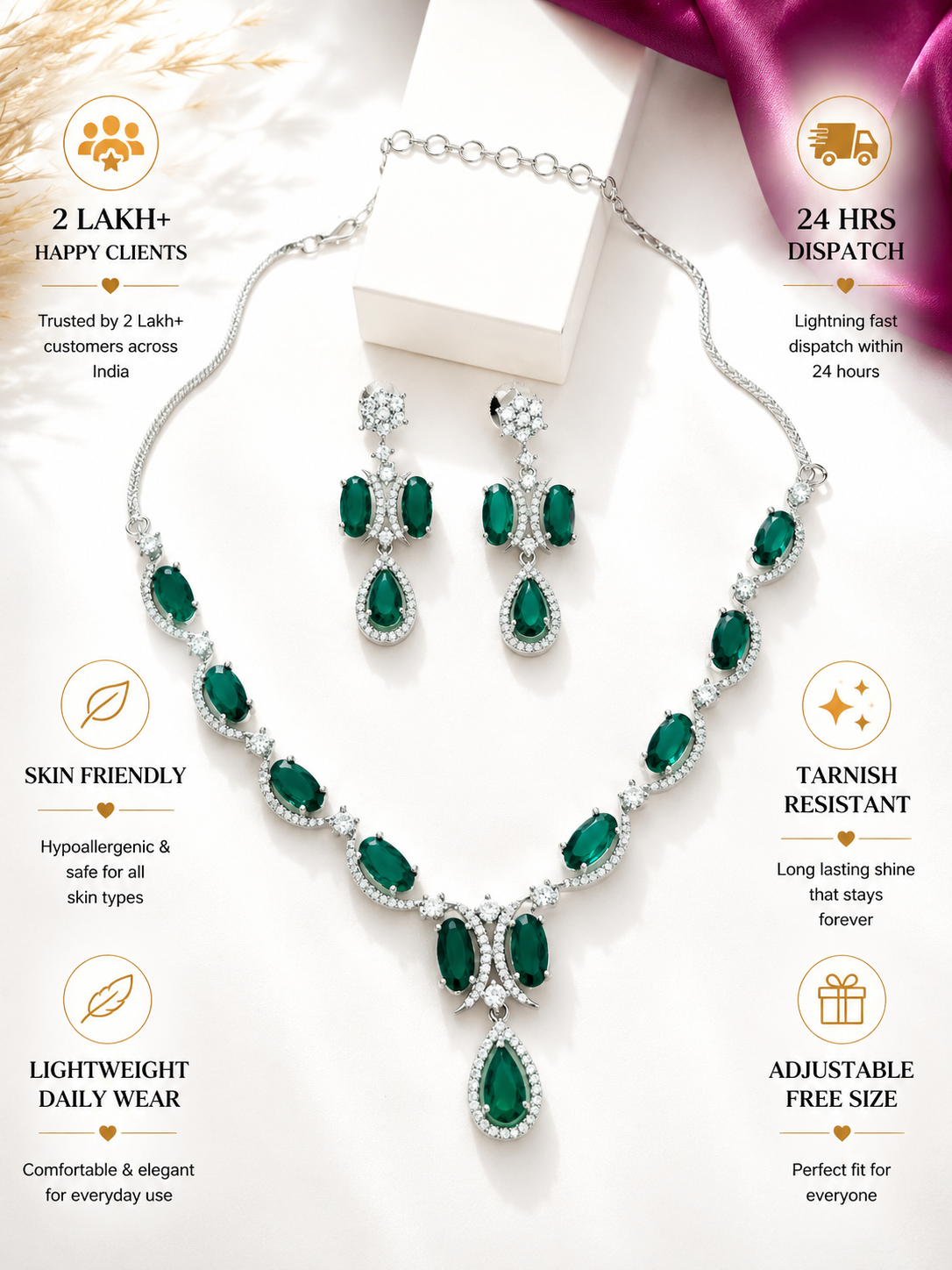 Silver Tone Diamond Look Necklace Set with Earrings
