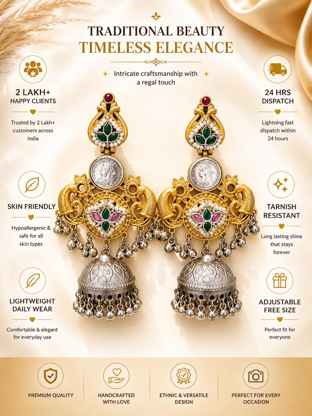 Temple Inspired Dual Tone Jhumki Earrings - earrings by Abdesigns Jewellery