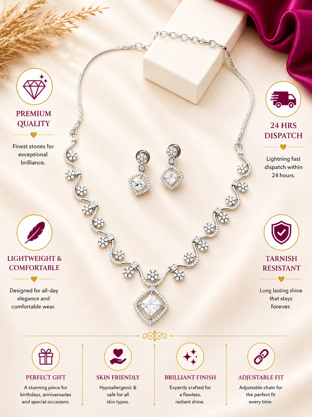 Minimal Party Wear Crystal Necklace Jewellery Set