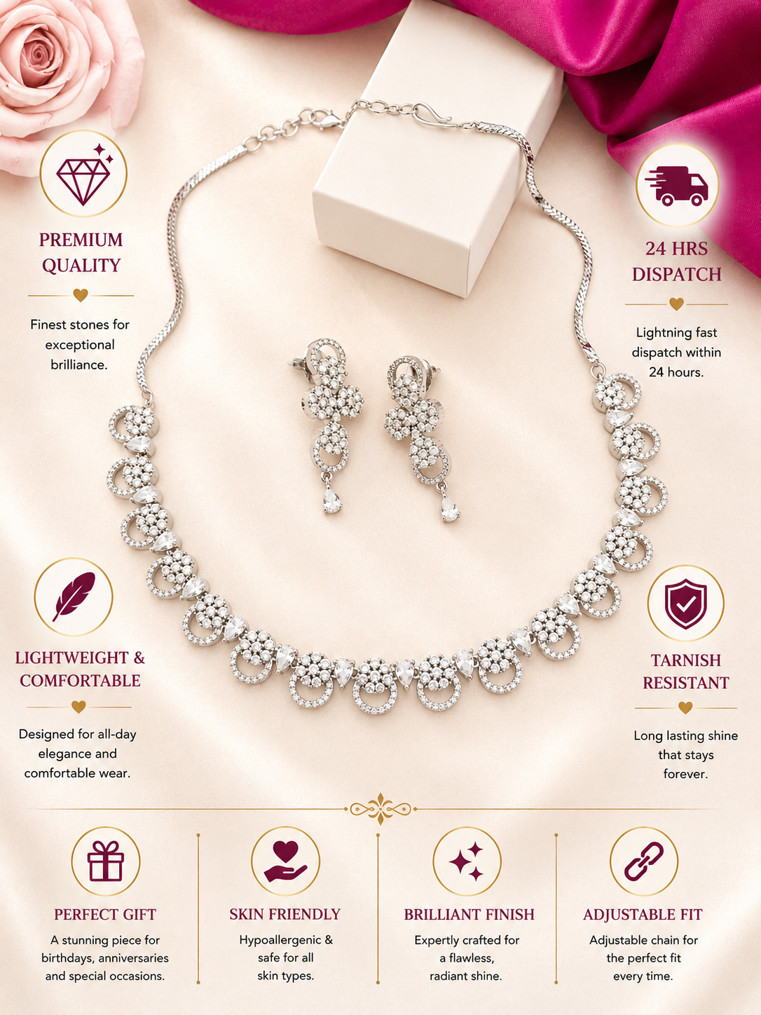 Premium Silver Tone White Stone Necklace Set