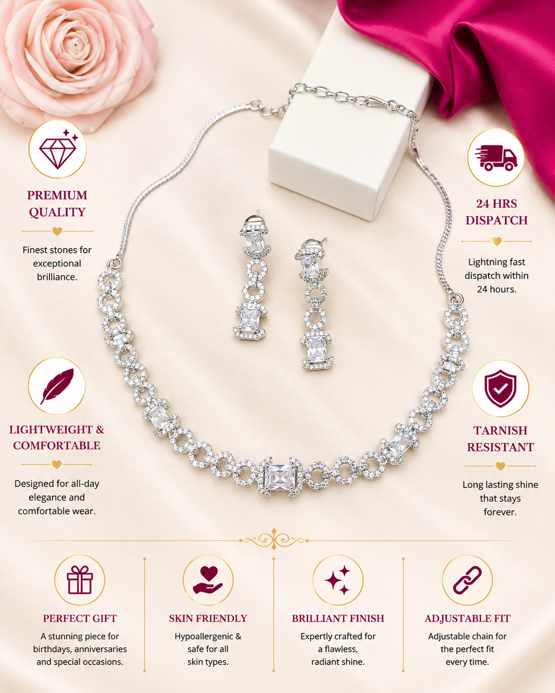 Silver Plated American Diamond Chain Necklace Set