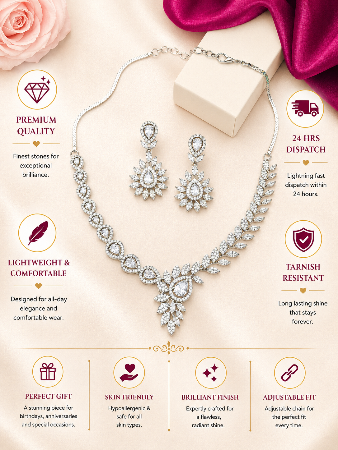 Silver Plated American Diamond Floral Necklace Set