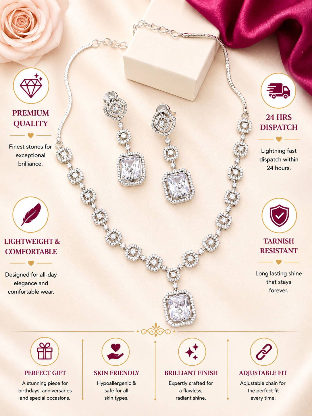 Elegant Square Cut American Diamond Necklace Set