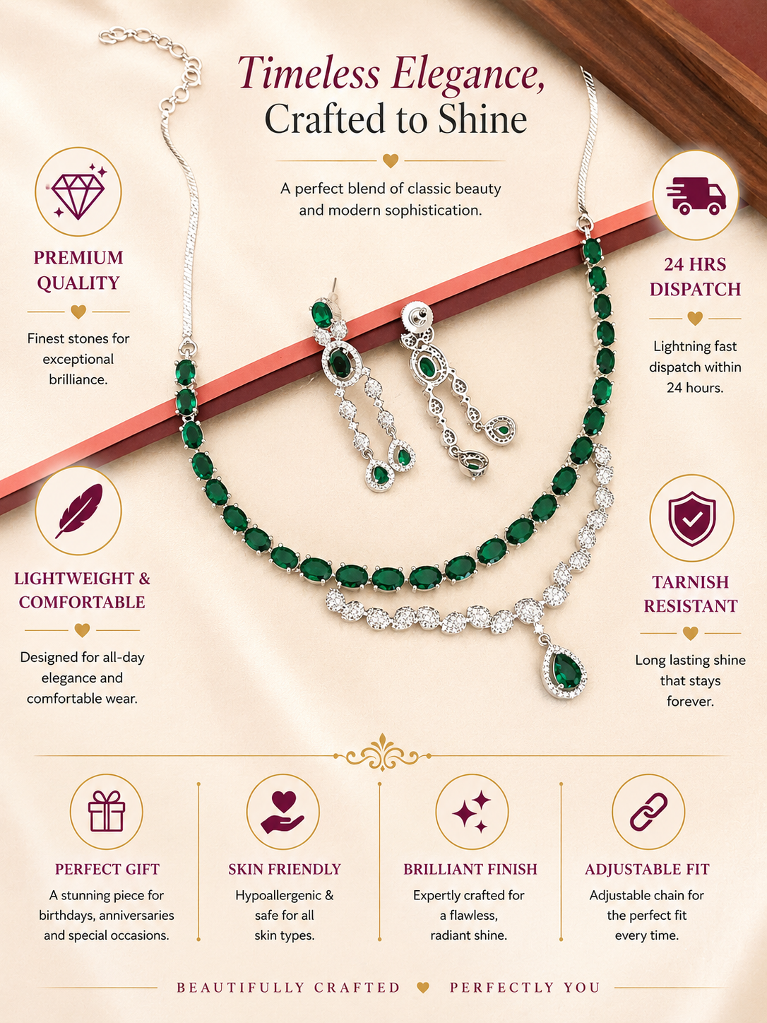 Emerald Green American Diamond Necklace Set
