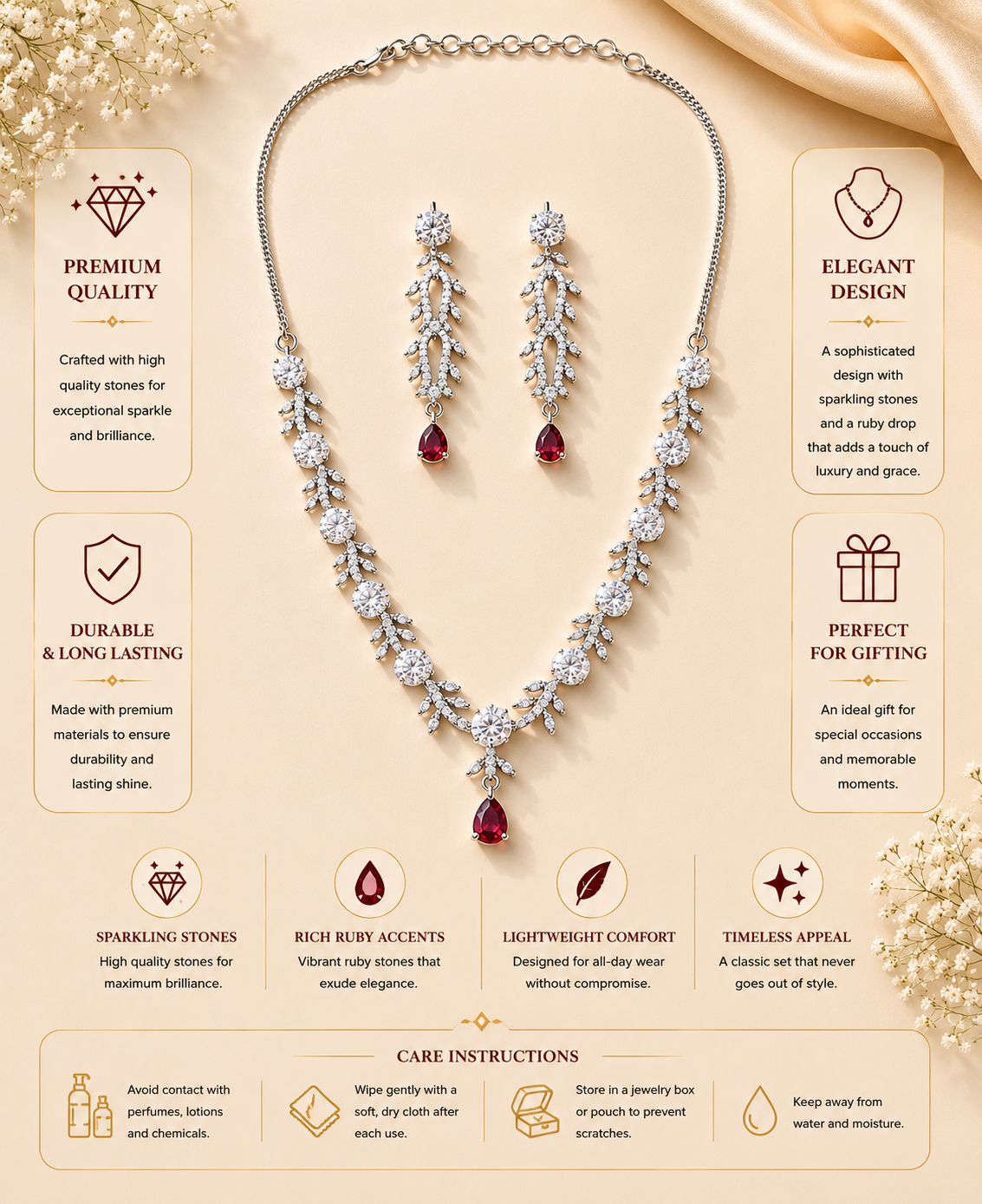 Silver Tone Floral Ruby Necklace Set – Elegant Glam | Abdesigns
