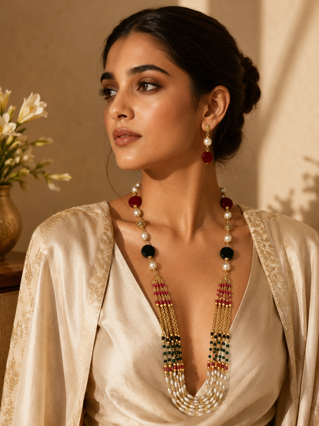 Traditional Multicolor Pearl Layered Long Necklace Set