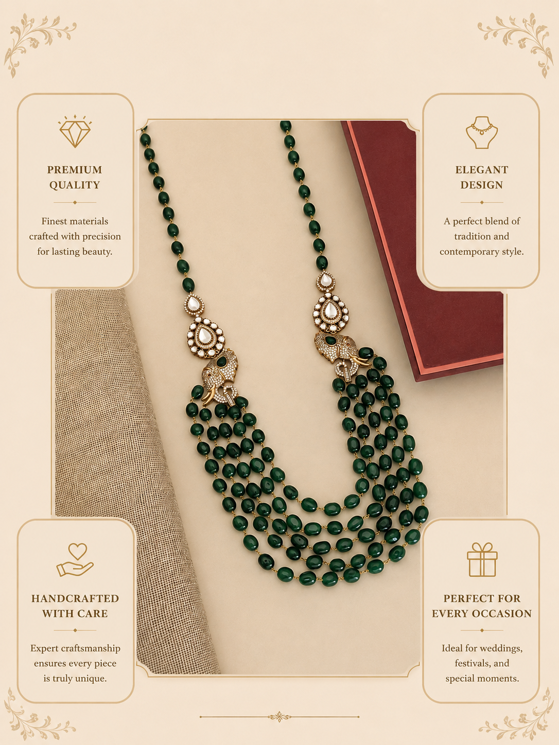 Royal Green Beaded Elephant Long Necklace Set - necklace by Abdesigns Jewellery