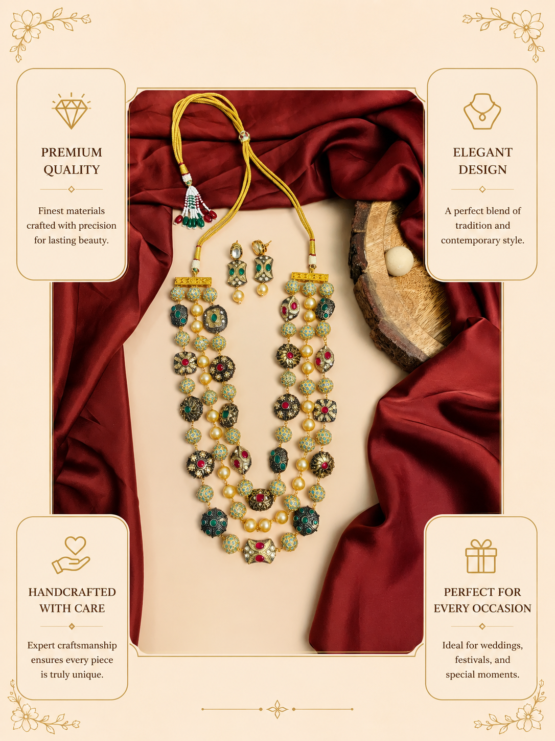 Traditional Multilayer Jaipuri Beaded Long Mala Necklace Set