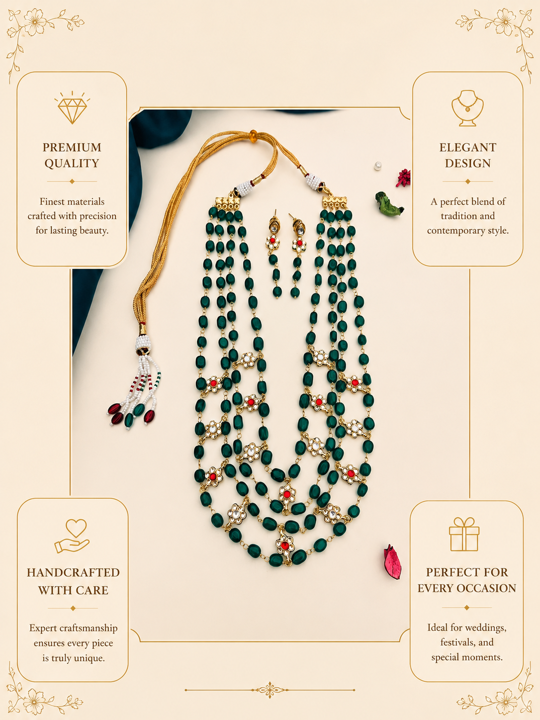Green Beaded Layered Mala Necklace Set – Traditional Royal Glam - jewellery by Abdesigns Jewellery
