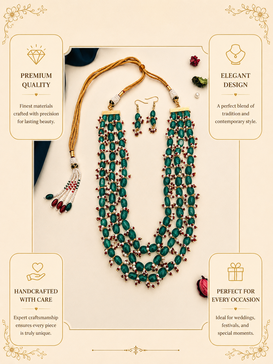 Aqua Green Beaded Multilayer Necklace Set with Pearl & Ruby Accents - jewellery by Abdesigns Jewellery