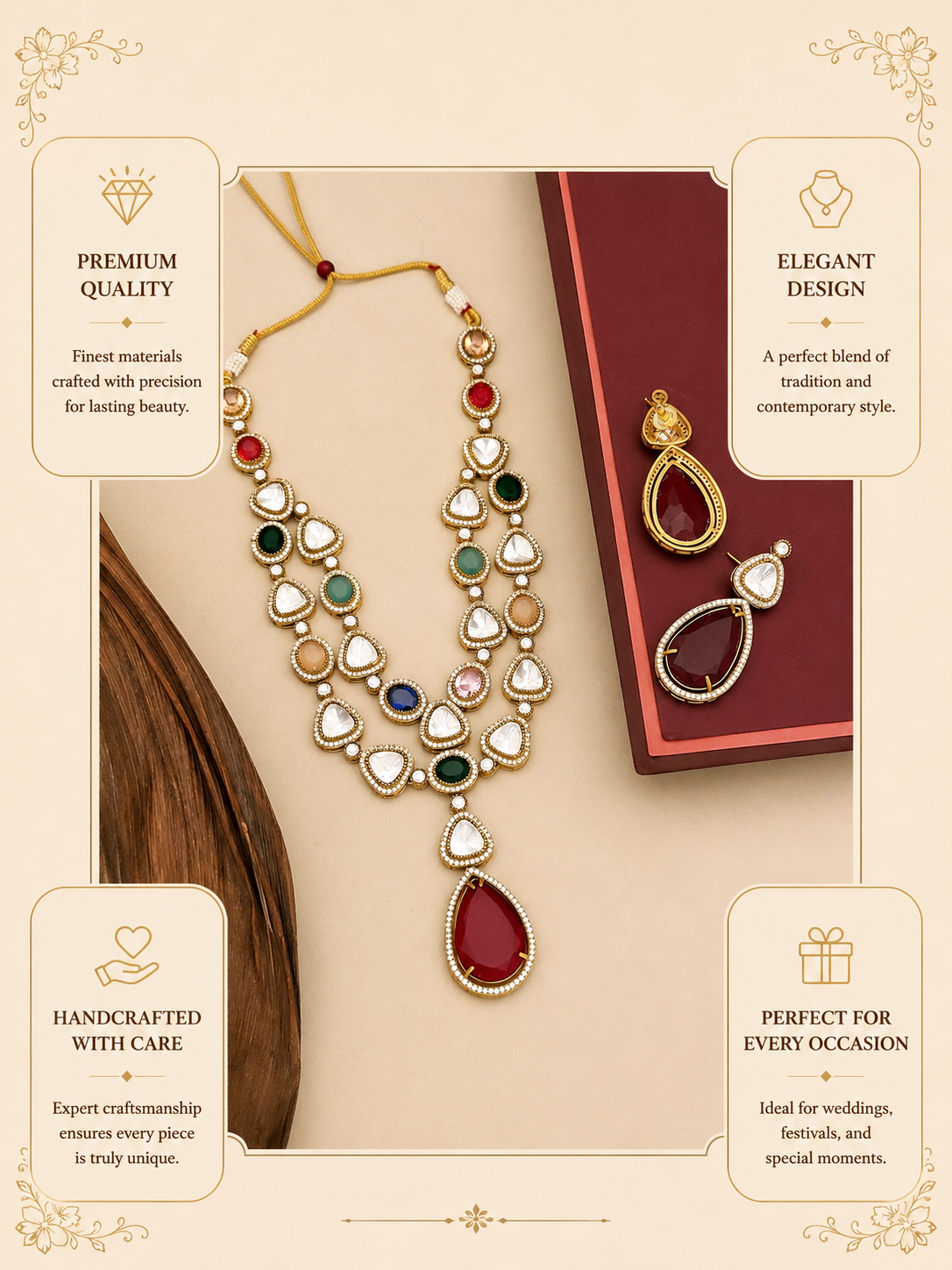 Gold Plated Multicolour Jaipuri Stone Polki Necklace Set - necklace by Abdesigns Jewellery