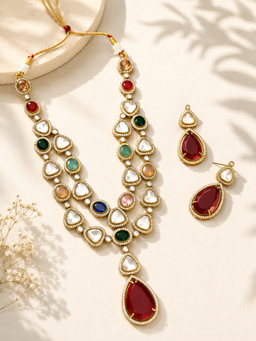 Gold Plated Multicolour Jaipuri Stone Polki Necklace Set - necklace by Abdesigns Jewellery