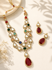 Abdesigns Multicolour Gold Plated Jaipuri Bead Stone Polki Necklace Set